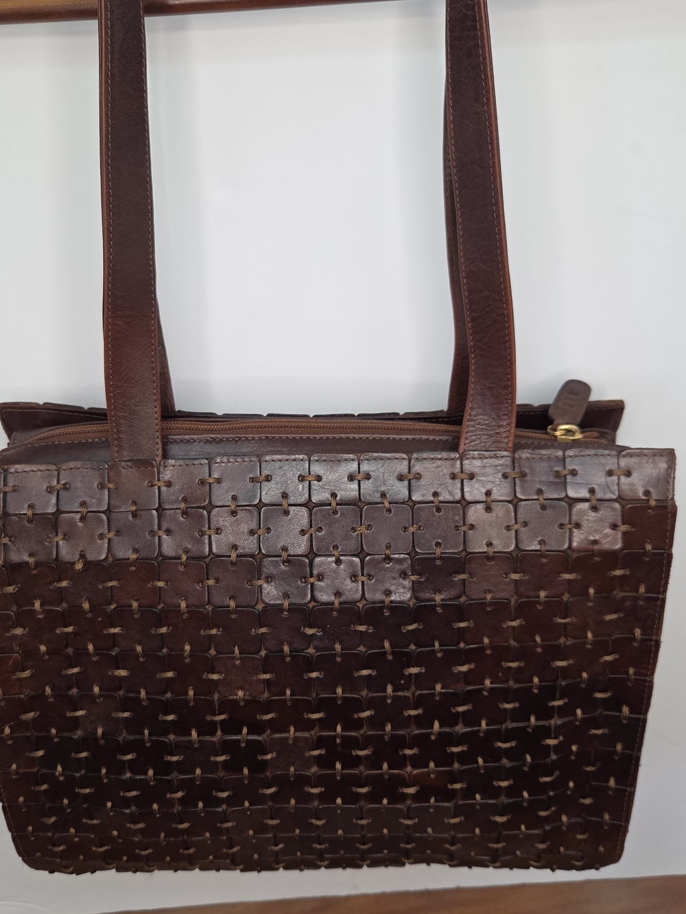 Genuine Leather By GEM Brown Shoulder Bag Checkered Tile Design 11x9x3"